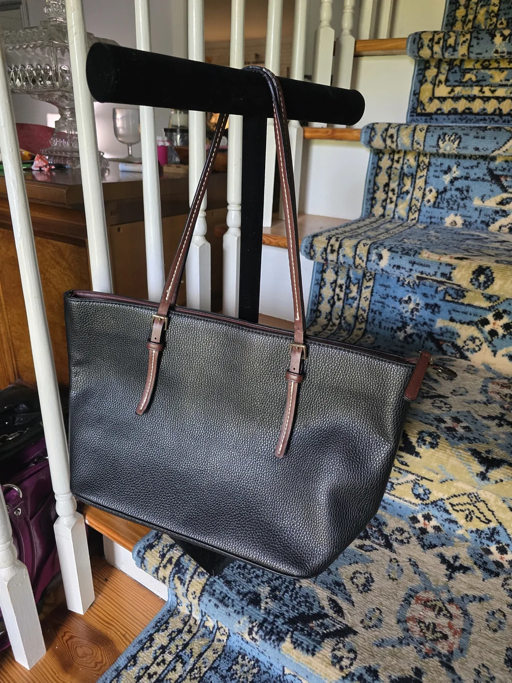 Classic Black Pebbled Tote with Brown Straps